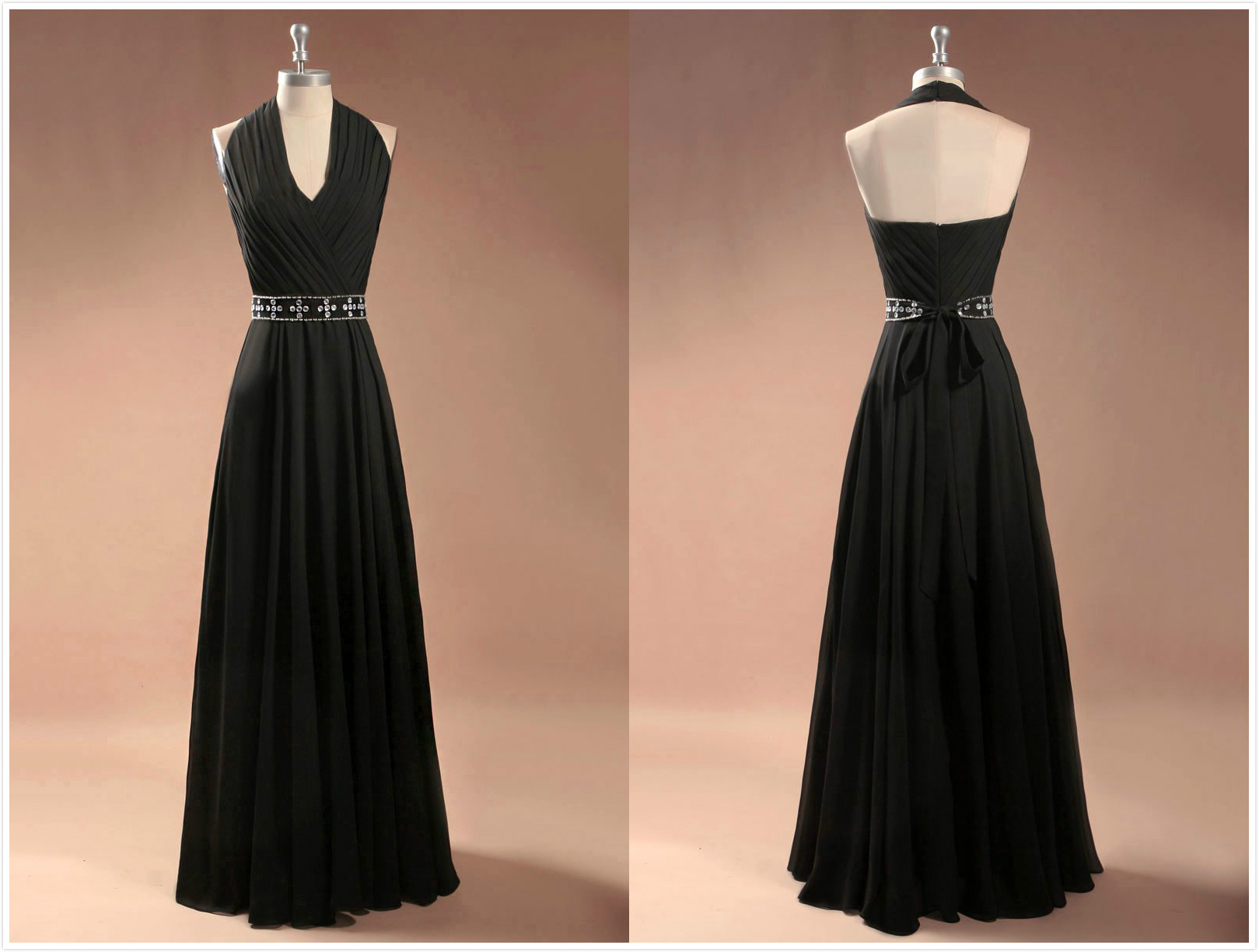 V Neckless Chiffon Black Long Prom Dress Graduation Gown 2015,Party